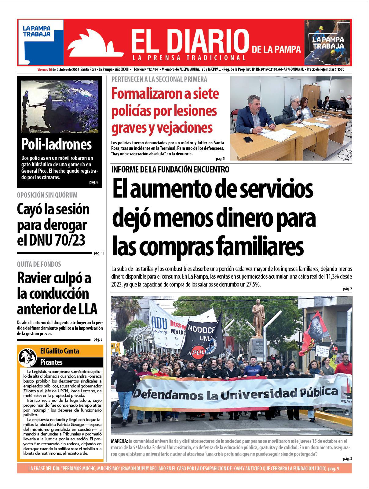 Tapa de El Diario en papel  viernes 16 de octubre de 2026